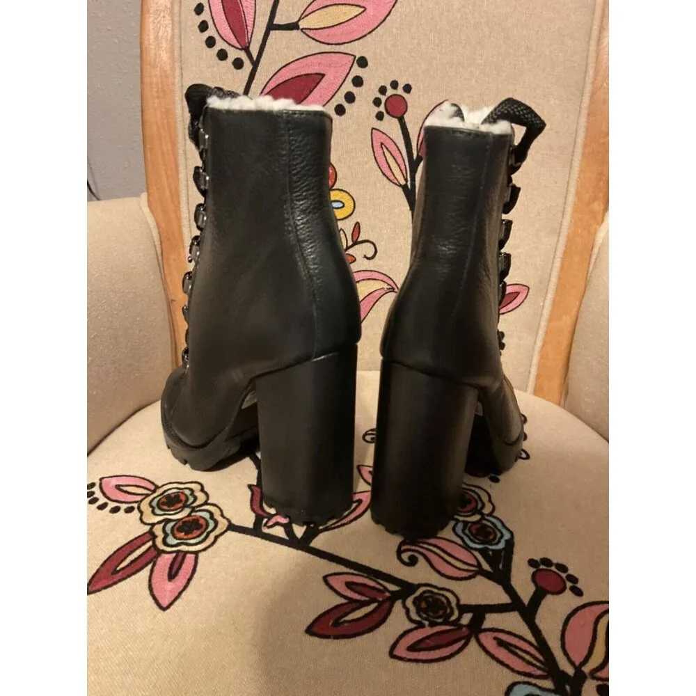 Schultz Zhara Black Lace Sherpa Stacked Lug Leather Boots 7 NEW $250 Moto Boho